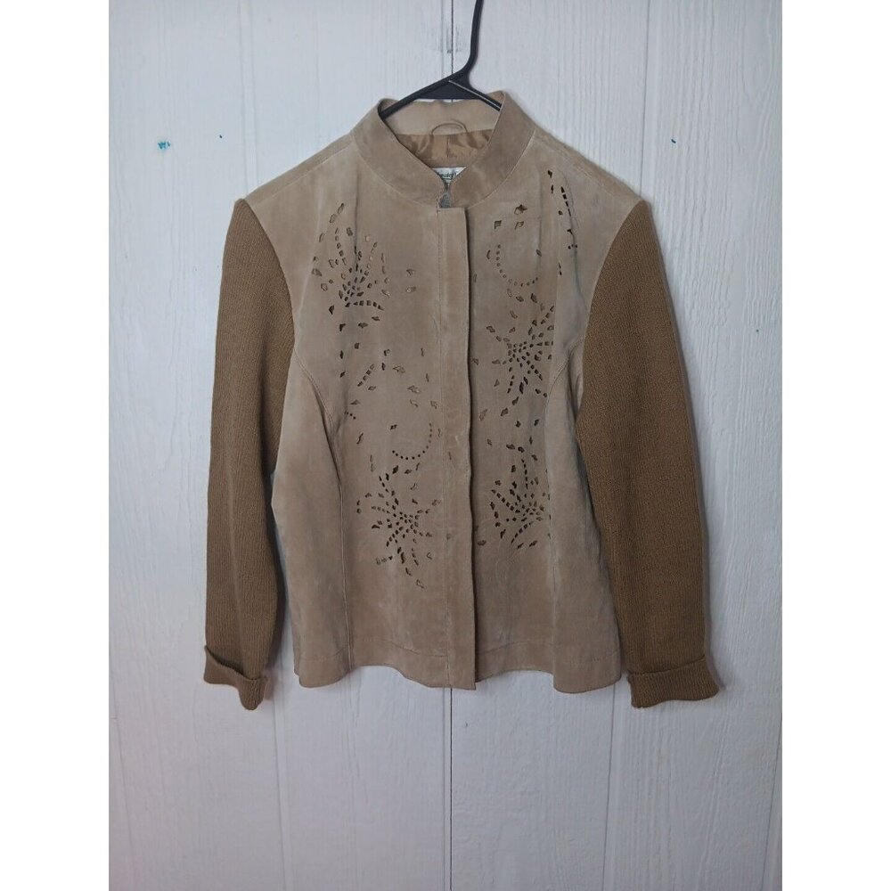 Coldwater Creek Womens Petite PM Tan Brown Suede Leather Ribbed Sweater Jacket